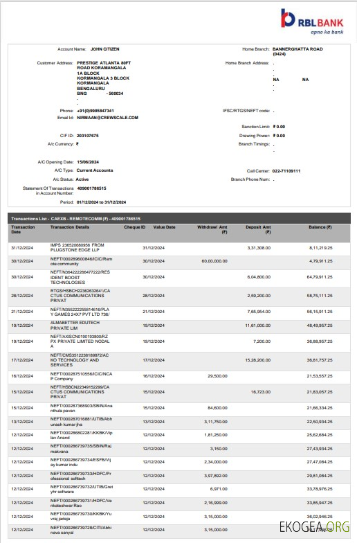 Modèle Word et PDF de relevé bancaire Inde RBL, 2 pages